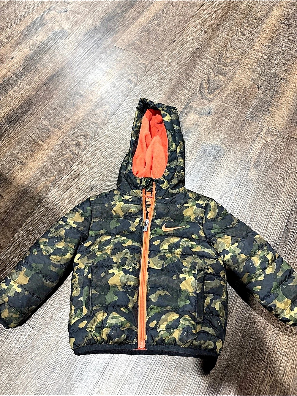 Nike Camouflage Baby Boy Hooded Puffer Jacket, Green & Orange, 12M